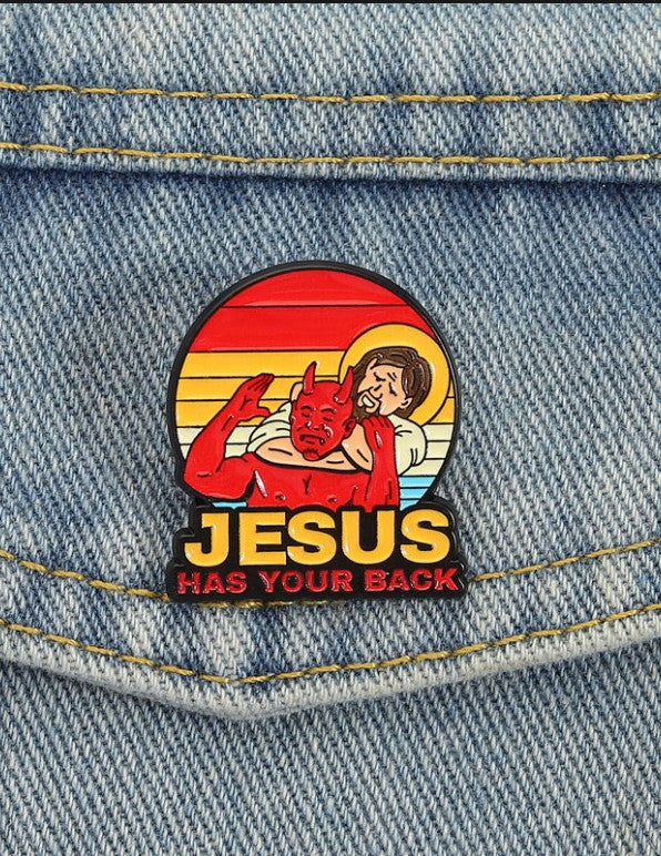Jesus Has Your Back Enamel Pin Funny Cartoon God and Devil Metal Brooch Lapel Badge Jewelry Gift Friends